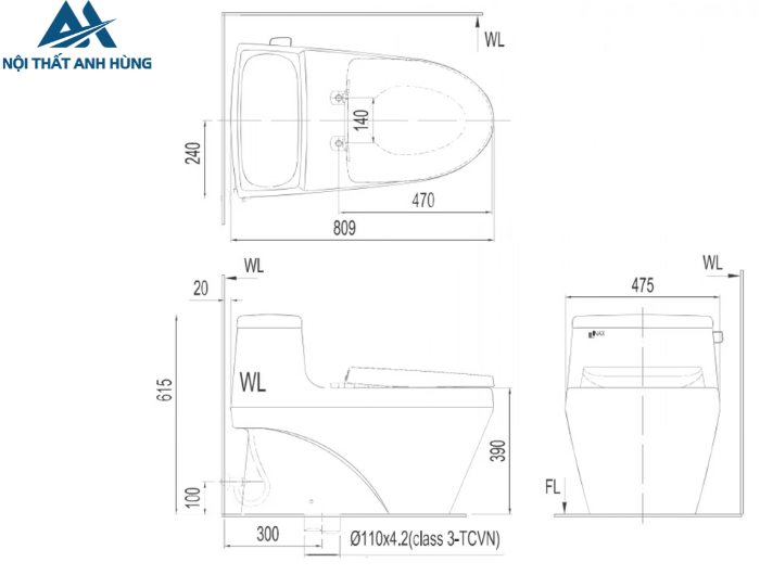 Bồn Cầu INAX AC-1135VN 1 Khối Aqua Ceramic Xả Gạt
