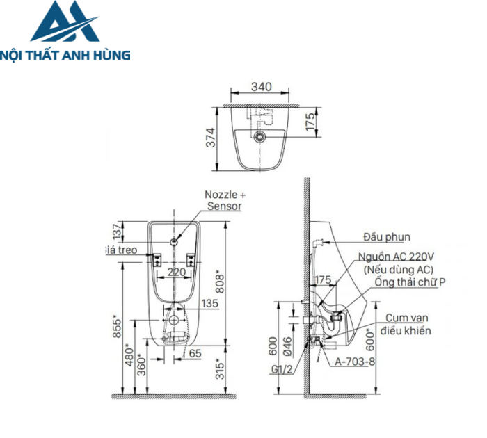 Bồn Tiểu Nam Inax AU-468IR Cảm Ứng Điện Pin 0.5 Lít Tiết Kiệm Nước