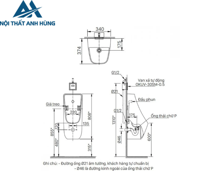 Bồn Tiểu Nam Inax AU-468VAC Treo Tường 0.5L Cấp Âm