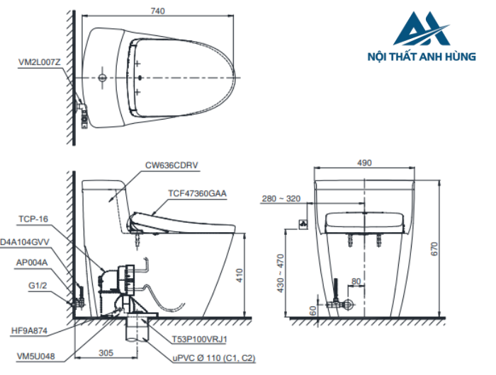 Bồn cầu TOTO MS636CDRW23 1 khối nắp điện tử Washlet S7
