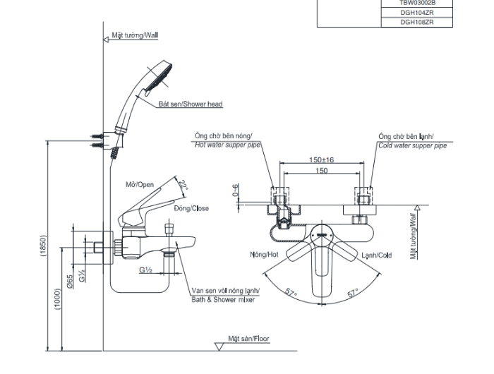 Bộ sen tắm nóng lạnh TOTO TBG03302VA TBW02006V