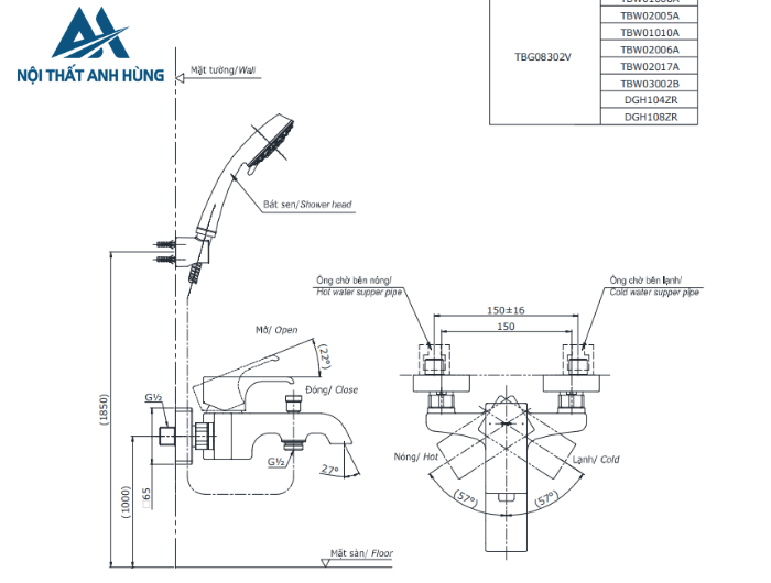 Bộ sen tắm nóng lạnh TOTO TBG08302VA TBW07009A