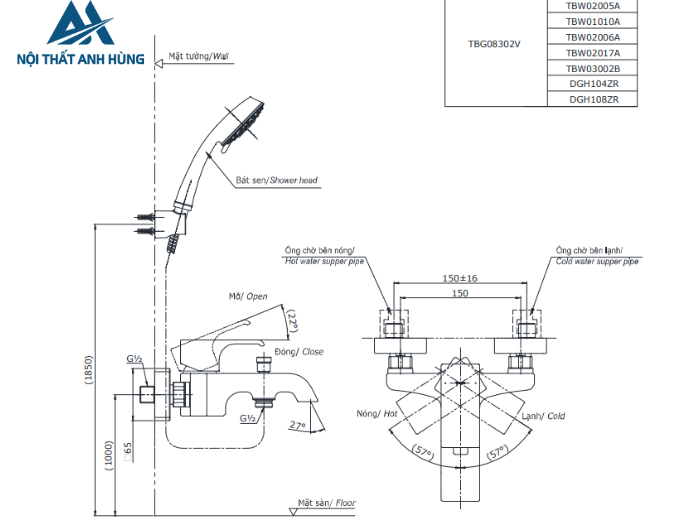 Bộ sen tắm nóng lạnh TOTO TBG08302VA TBW09000V