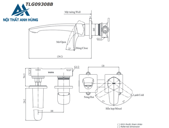 Vòi lavabo nóng lạnh gắn tường GM TOTO TLG09308BB