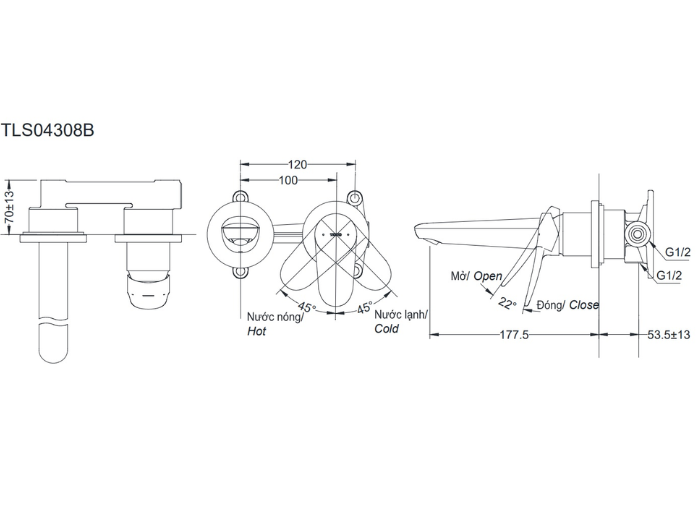 Vòi lavabo nóng lạnh gắn tường TOTO TLS04308B