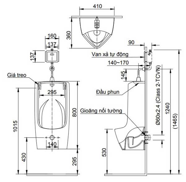 Kích thước lắp bồn tiểu nam cảm ứng